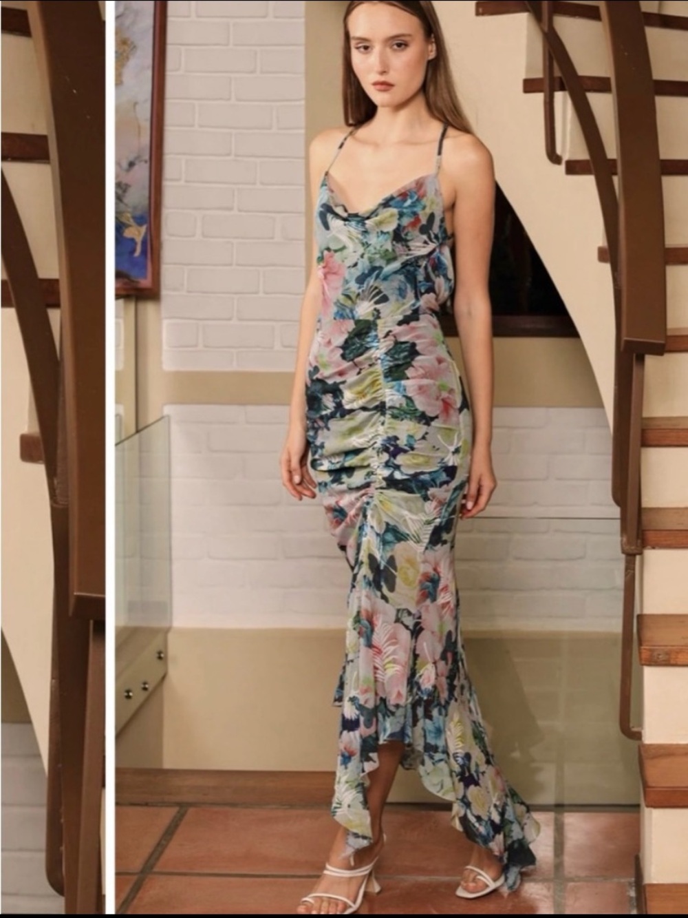 Sau Lee Floral Maxi Dress with Side Slit Criss-Cross Back Fully Lined Size 2